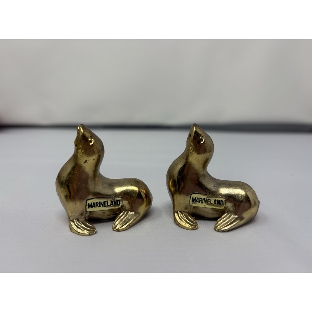 Vintage Marineland Brass Colored Seal Salt & Pepper Shakers Retro MCM Japan